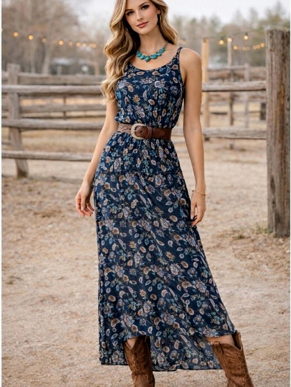 Lara G. Silk Floral Teal Sleeveless Maxi Dress